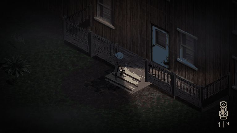 A clapboard house porch at night