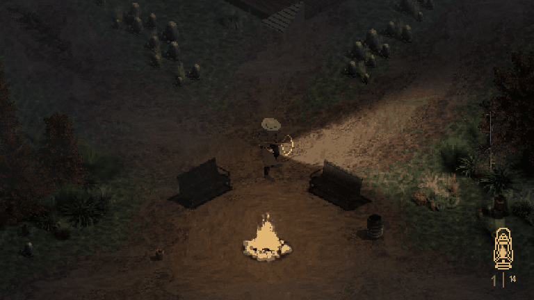 The hilltop camp between runs, a campfire burning